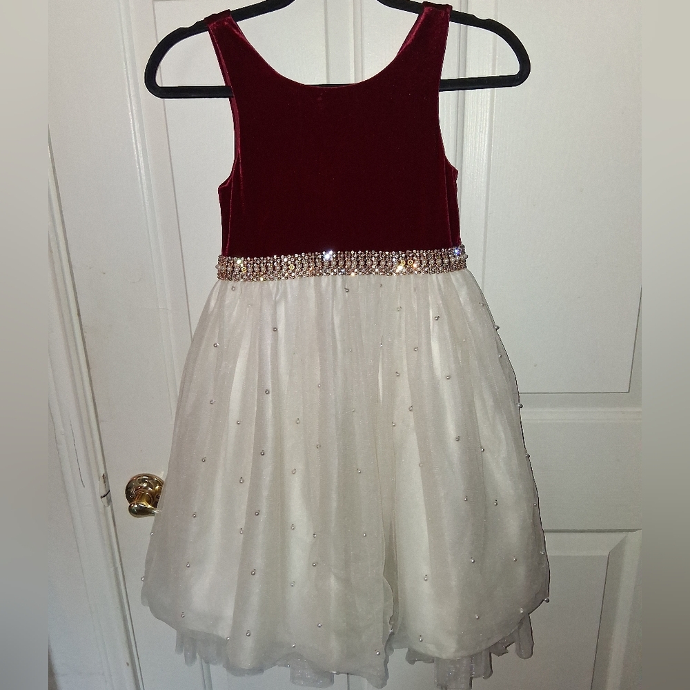 Red and White Velvet Dress with Beaded Waist